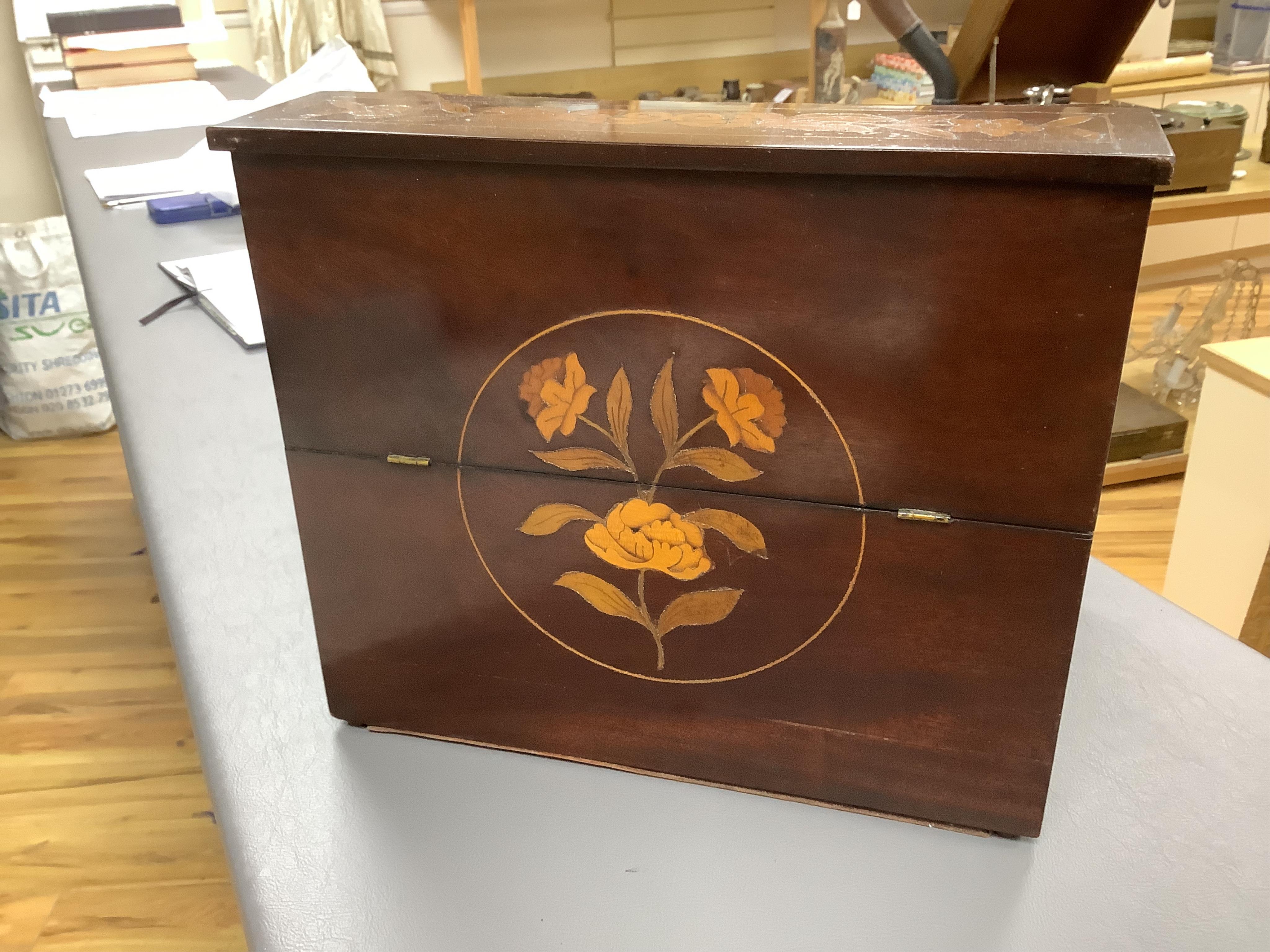A 19th century Dutch, dome fronted, marquetry mahogany decanter box, velvet lined, 28cm wide